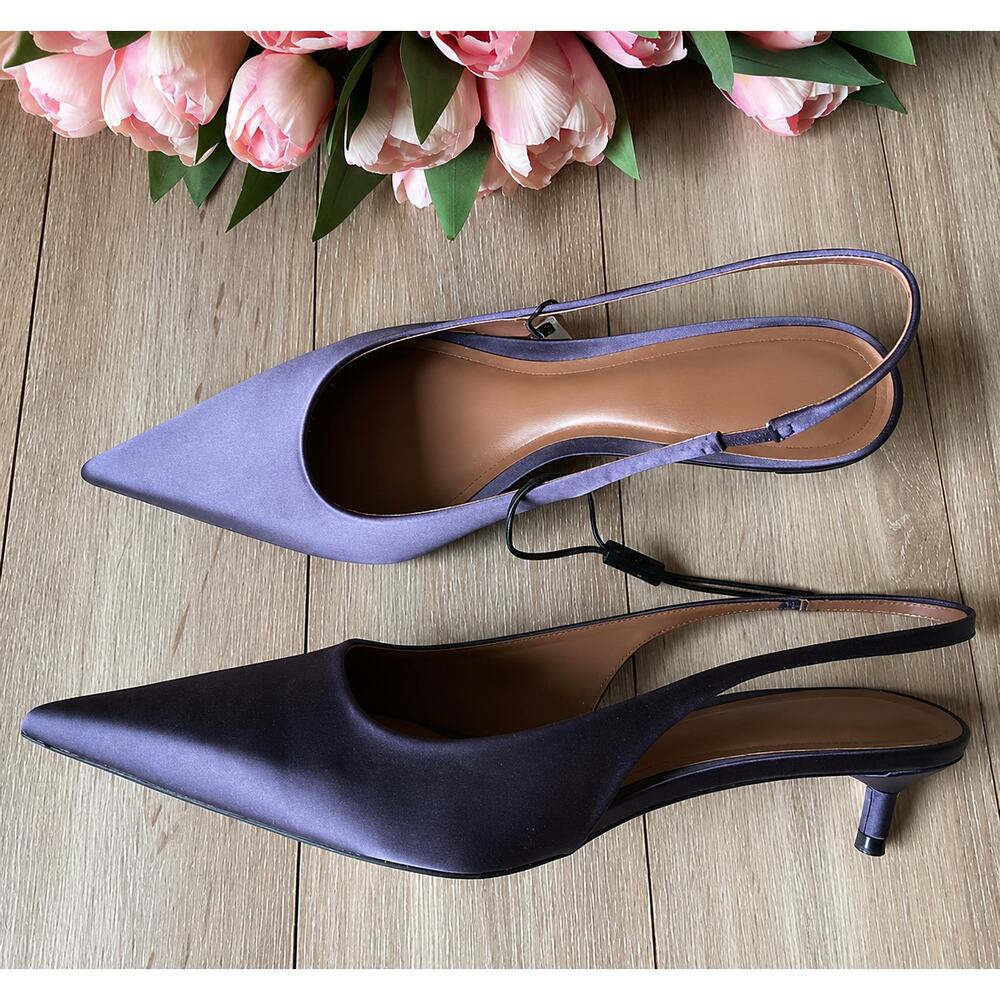 Zara Anthracite Grey Kitten Heel Slingback Pumps Pointed Toe Chic Size 7.5 NWT - Picture 11 of 16